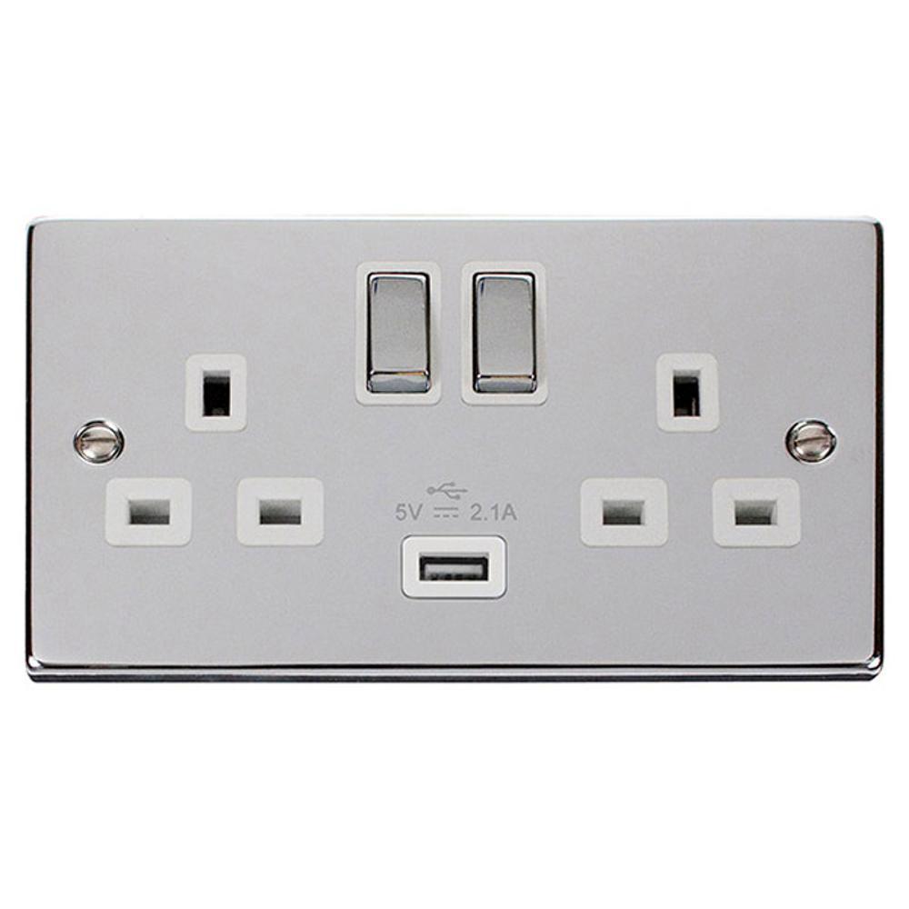 Click Polished Chrome 13A 2 Gang Double USB Socket - VPCH770WH