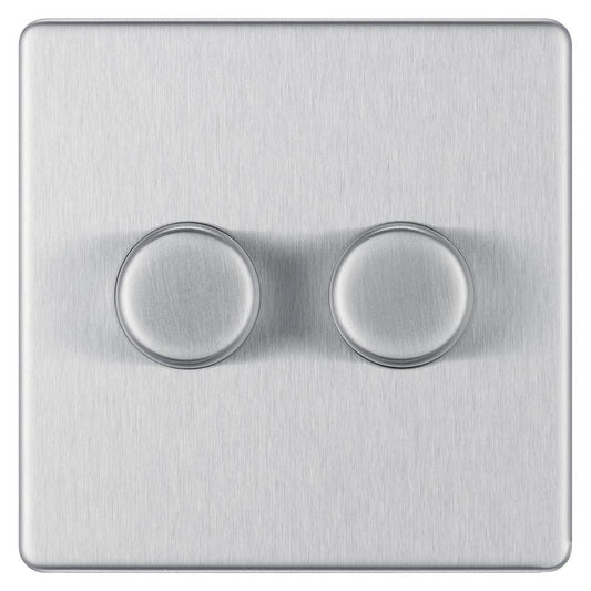 Bg Brushed Steel 400W 2 Gang 2 Way Push Dimmer - Screwless Flatplate