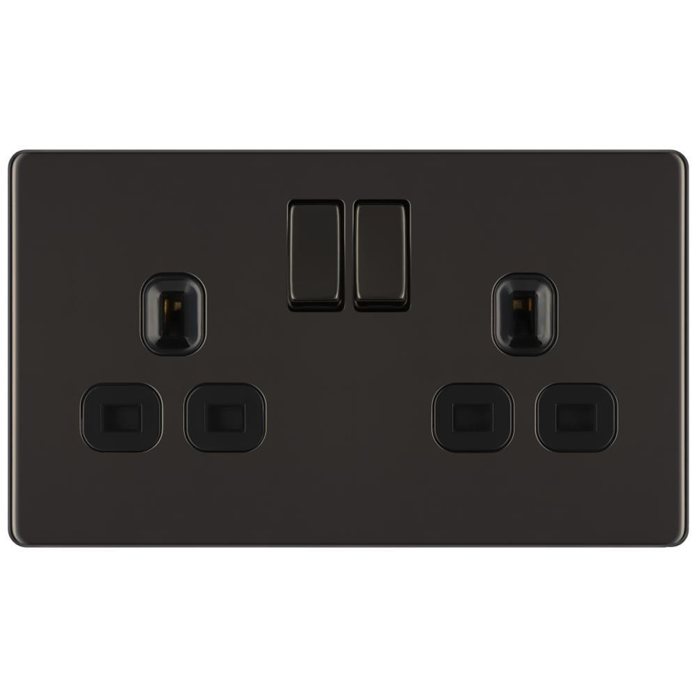 BG FBN22B 13A 2 Gang Double Pole Switched Socket - Screwless Flatplate - Black Nickel