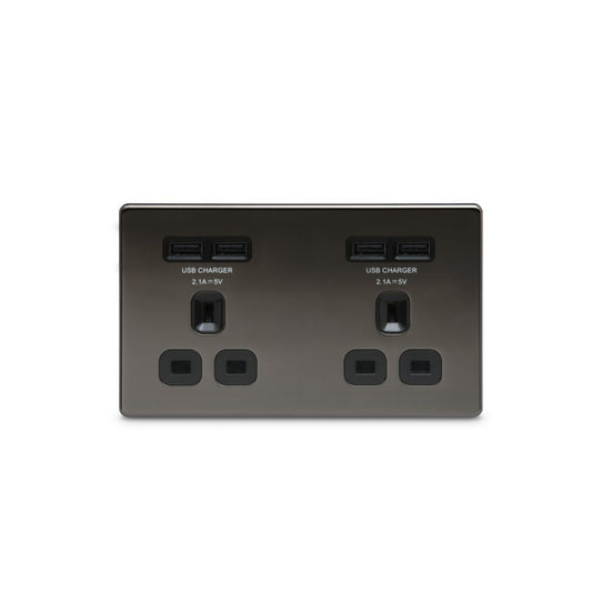 BG FBN24U44B 13A 2 Gang Unswitched Socket + USB (4 Port 42A) - Grey - Screwless Flatplate - Black Nickel