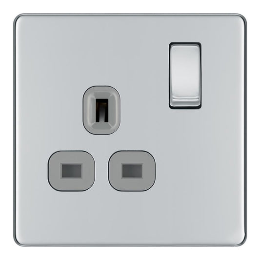 BG FPC21G 13A 1 Gang Double Pole Switched Socket Grey Surround - Screwless Flatplate - Polished Chrome