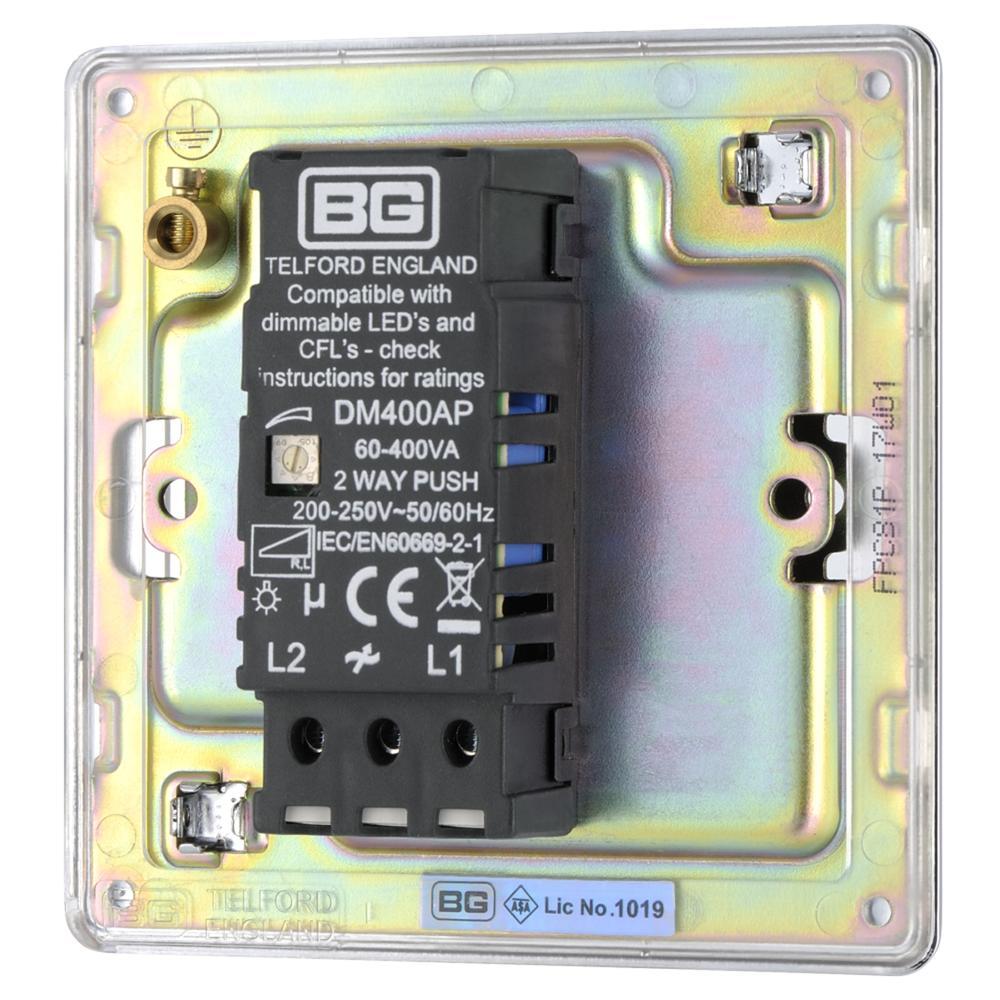 BG FPC81P 400W 1 Gang 2 Way Dimmer - Screwless Flatplate - Polished Chrome